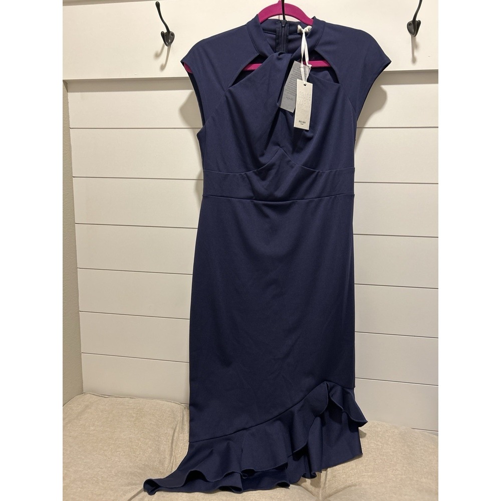 Grace Karin Women Blue Cocktail Dress M‎ Blue Ruffle Hem Short Sleeve Elegant